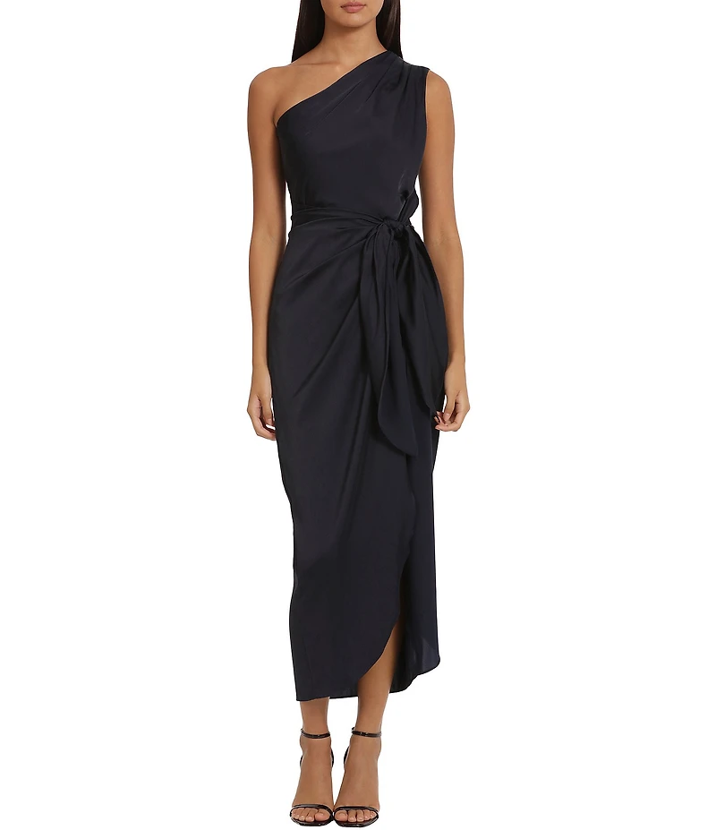 Donna Morgan One Shoulder Tie Waist Draped Skirt Midi Dress