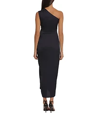 Donna Morgan One Shoulder Tie Waist Draped Skirt Midi Dress