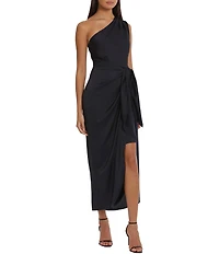Donna Morgan One Shoulder Tie Waist Draped Skirt Midi Dress