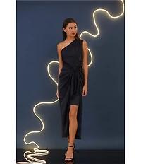 Donna Morgan One Shoulder Tie Waist Draped Skirt Midi Dress