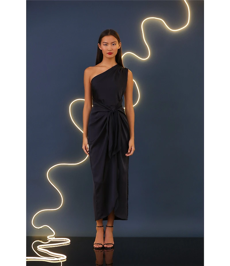 Donna Morgan One Shoulder Tie Waist Draped Skirt Midi Dress
