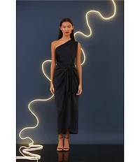 Donna Morgan One Shoulder Tie Waist Draped Skirt Midi Dress