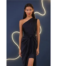Donna Morgan One Shoulder Tie Waist Draped Skirt Midi Dress