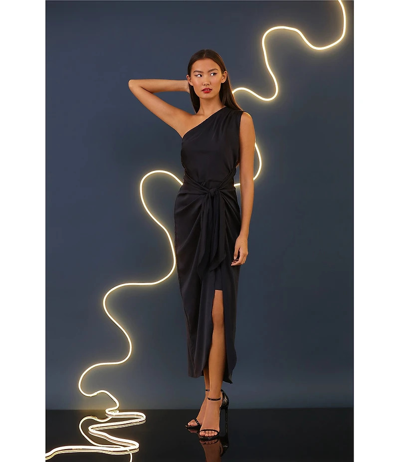 Donna Morgan One Shoulder Tie Waist Draped Skirt Midi Dress