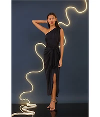 Donna Morgan One Shoulder Tie Waist Draped Skirt Midi Dress