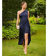 Donna Morgan One Shoulder Tie Waist Draped Skirt Midi Dress