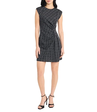 Donna Morgan Plaid Boucle Tweed Crew Neck Gathered Sleeveless Mini Dress