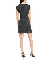 Donna Morgan Plaid Boucle Tweed Crew Neck Gathered Sleeveless Mini Dress