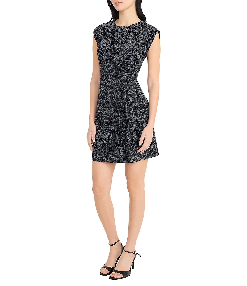 Donna Morgan Plaid Boucle Tweed Crew Neck Gathered Sleeveless Mini Dress
