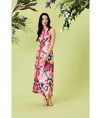 Donna Morgan Poly Twill Abstract Print Halter Neck Sleeveless Shift Maxi Dress