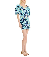 Donna Morgan Poplin Floral Print Sweetheart Neck Short Sleeve Sheath Mini Dress