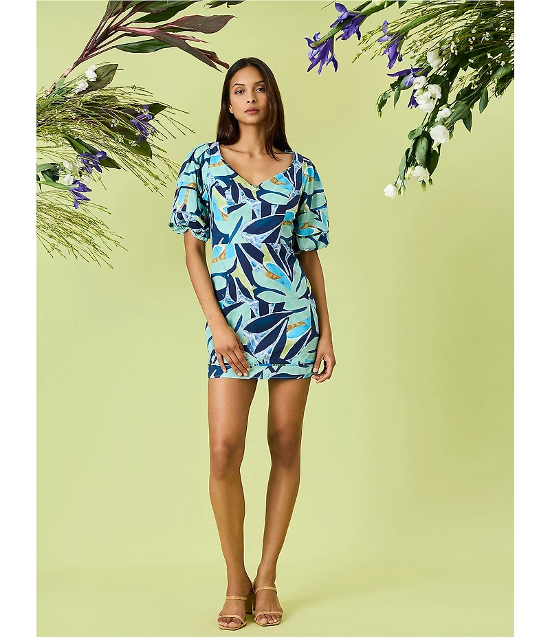 Donna Morgan Poplin Floral Print Sweetheart Neck Short Sleeve Sheath Mini Dress