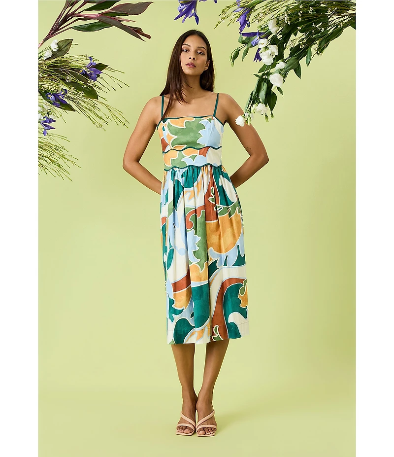 Donna Morgan Poplin Multi Print Square Neck Sleeveless Scalloped Trim Midi Dress