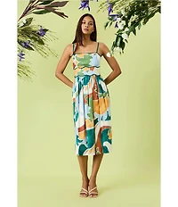 Donna Morgan Poplin Multi Print Square Neck Sleeveless Scalloped Trim Midi Dress