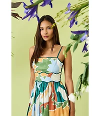 Donna Morgan Poplin Multi Print Square Neck Sleeveless Scalloped Trim Midi Dress