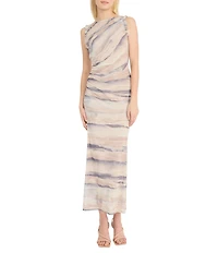 Donna Morgan Power Mesh Multi Print Boat Neck Sleeveless Sheath Midi Dress
