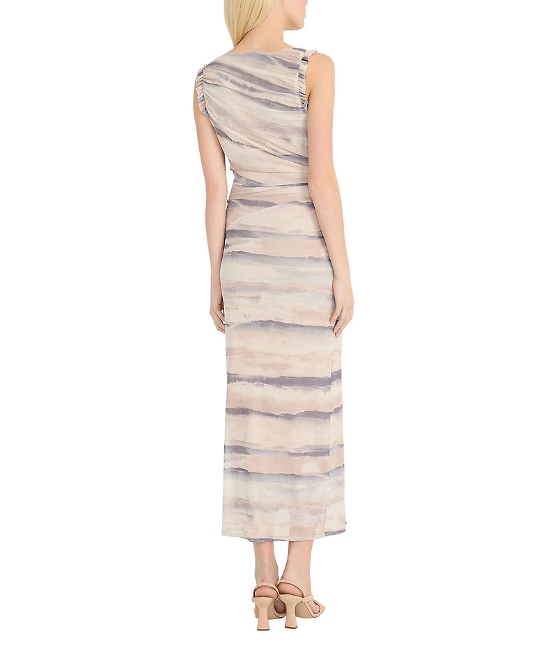 Donna Morgan Power Mesh Multi Print Boat Neck Sleeveless Sheath Midi Dress