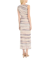 Donna Morgan Power Mesh Multi Print Boat Neck Sleeveless Sheath Midi Dress