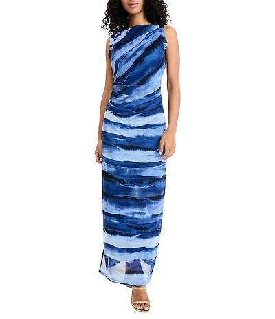 Donna Morgan Power Mesh Multi Print Boat Neck Sleeveless Sheath Midi Dress