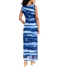 Donna Morgan Power Mesh Multi Print Boat Neck Sleeveless Sheath Midi Dress