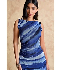 Donna Morgan Power Mesh Multi Print Boat Neck Sleeveless Sheath Midi Dress