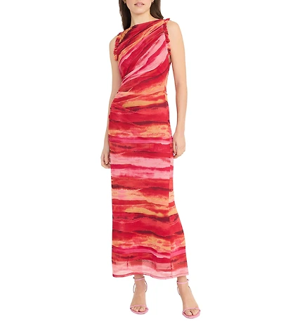 Donna Morgan Power Mesh Multi Print Boat Neck Sleeveless Sheath Midi Dress