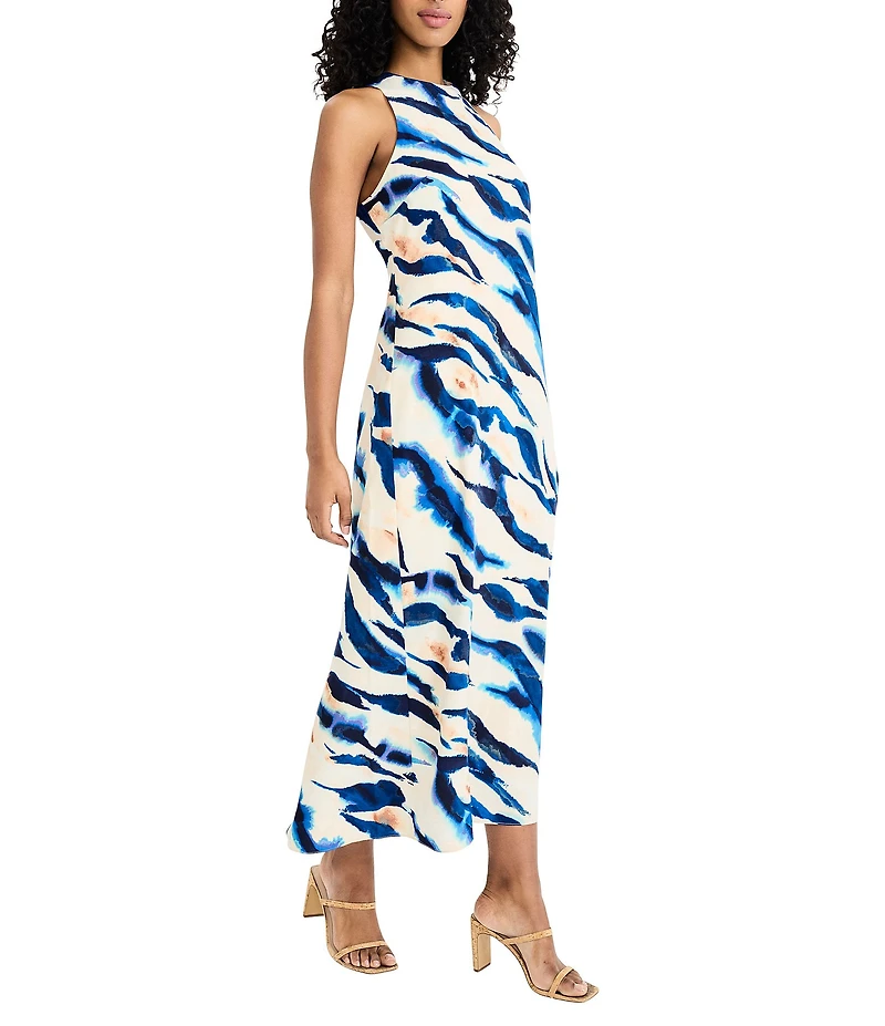Donna Morgan Printed Crepe De Chine Wave Print Halter Neck Sleeveless Midi Dress