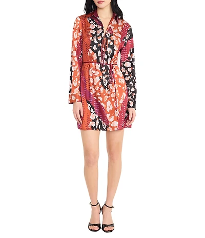 Donna Morgan Printed Satin Georgette Long Sleeve Collared Dress