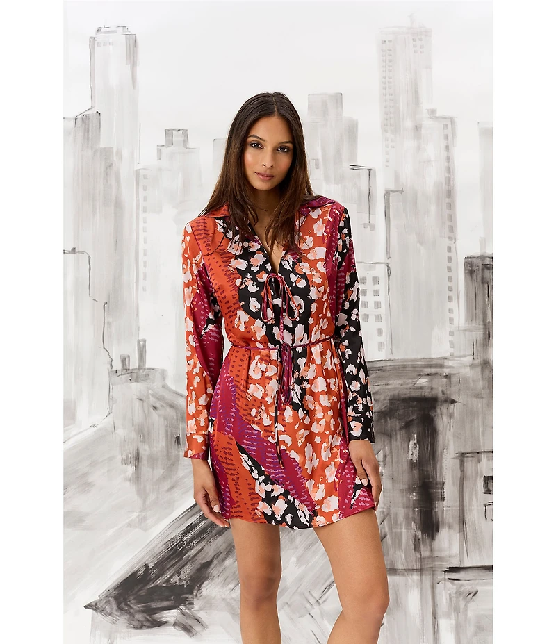 Donna Morgan Printed Satin Georgette Long Sleeve Collared Dress