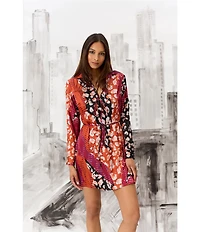 Donna Morgan Printed Satin Georgette Long Sleeve Collared Dress