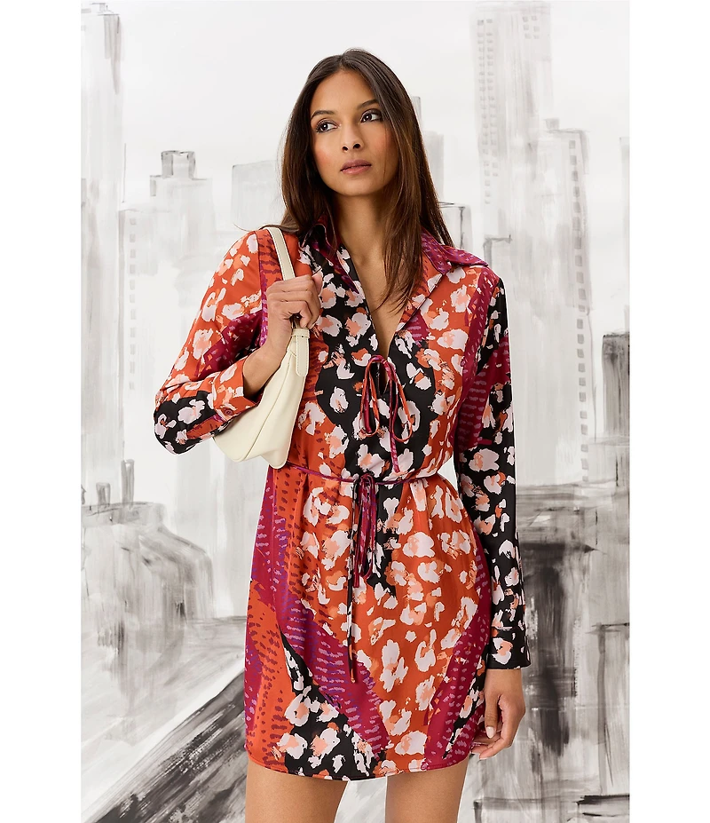 Donna Morgan Printed Satin Georgette Long Sleeve Collared Dress