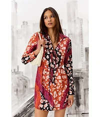 Donna Morgan Printed Satin Georgette Long Sleeve Collared Dress