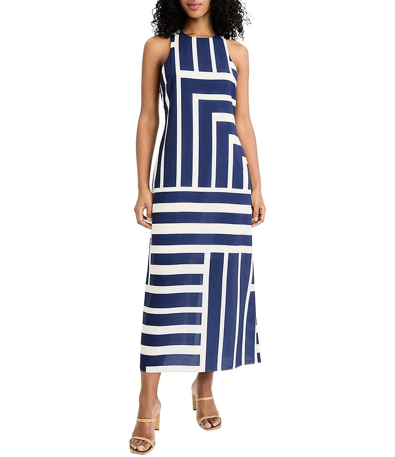 Donna Morgan Printed Stretch High Round Neck Sleeveless Midi Dress