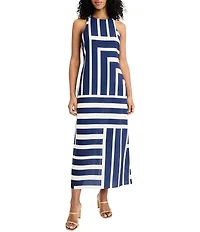 Donna Morgan Printed Stretch High Round Neck Sleeveless Midi Dress