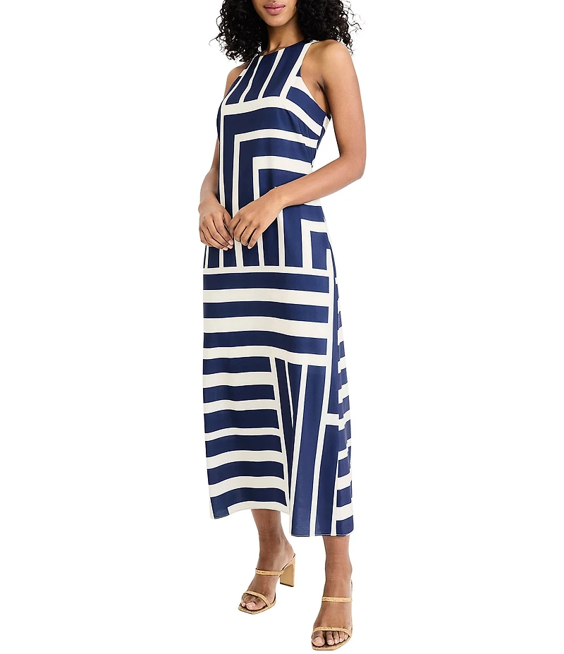 Donna Morgan Printed Stretch High Round Neck Sleeveless Midi Dress