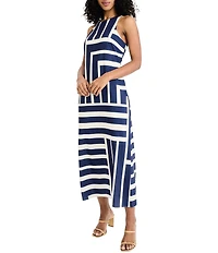 Donna Morgan Printed Stretch High Round Neck Sleeveless Midi Dress