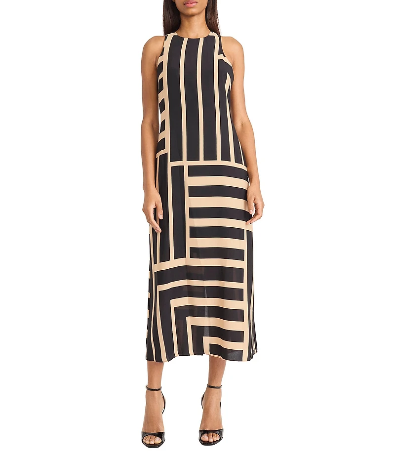 Donna Morgan Printed Stretch High Round Neck Sleeveless Midi Dress