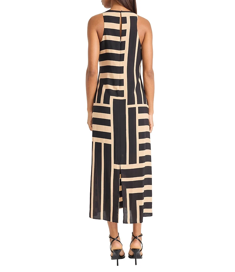 Donna Morgan Printed Stretch High Round Neck Sleeveless Midi Dress