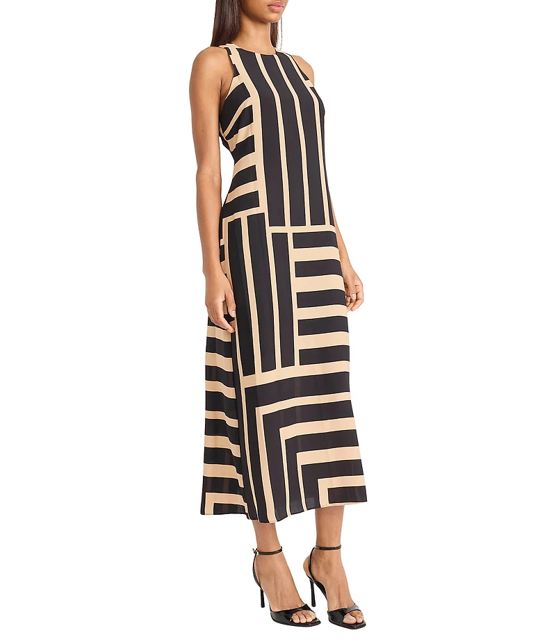 Donna Morgan Printed Stretch High Round Neck Sleeveless Midi Dress