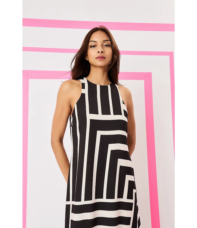 Donna Morgan Printed Stretch High Round Neck Sleeveless Midi Dress