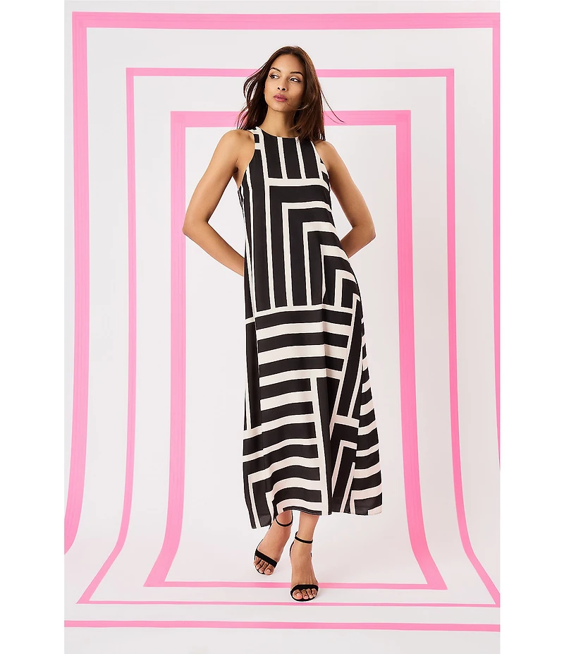 Donna Morgan Printed Stretch High Round Neck Sleeveless Midi Dress