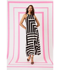 Donna Morgan Printed Stretch High Round Neck Sleeveless Midi Dress