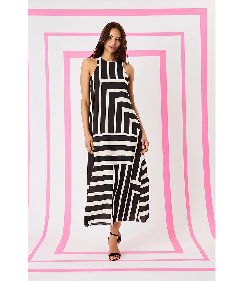 Donna Morgan Printed Stretch High Round Neck Sleeveless Midi Dress
