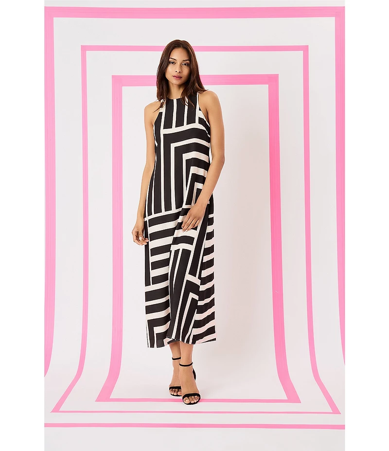 Donna Morgan Printed Stretch High Round Neck Sleeveless Midi Dress