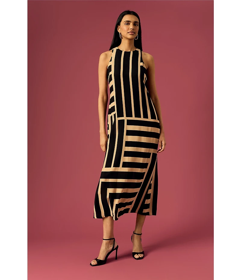 Donna Morgan Printed Stretch High Round Neck Sleeveless Midi Dress