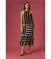 Donna Morgan Printed Stretch High Round Neck Sleeveless Midi Dress