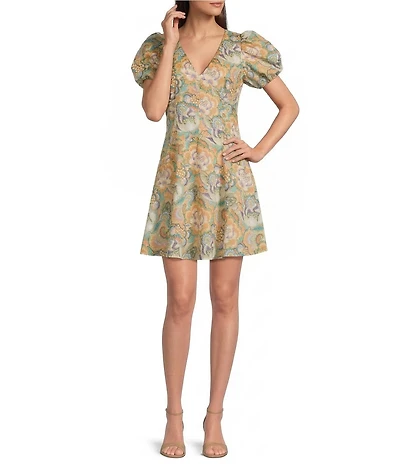Donna Morgan Puff Sleeve V-Neck Mini Dress