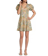 Donna Morgan Puff Sleeve V-Neck Mini Dress
