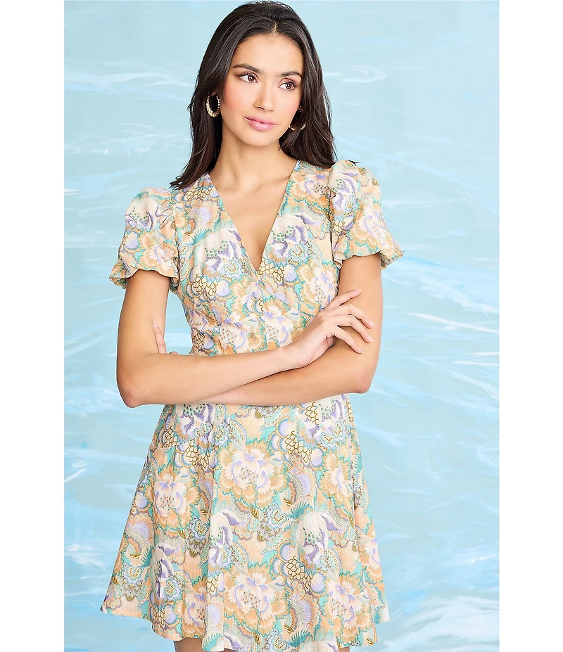 Donna Morgan Puff Sleeve V-Neck Mini Dress