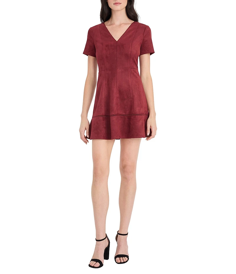 Donna Morgan Savy Suede V-Neck Short Sleeve Mini Dress